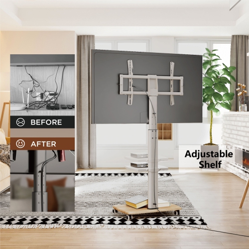 FITUEYES TV Stand with Wheels White 2 Tier for 32 to 70 Inch TV LCD LED Screen Mobile TV Cart with Swivel 60 Degree and Height Adjustable