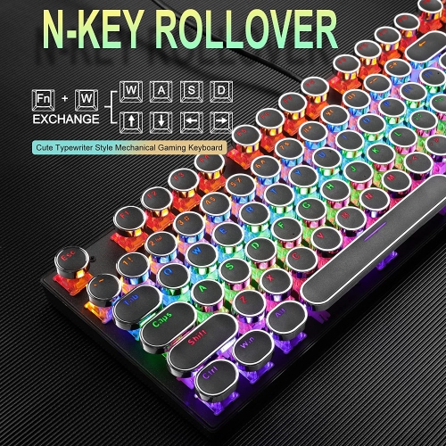NIERBO Typewriter Style Black Retro Punk Gaming Keyboard with RGB Backlit, 104 Keys Blue Switch Wired Keyboard, Round Keycaps for Windows/Mac/PC