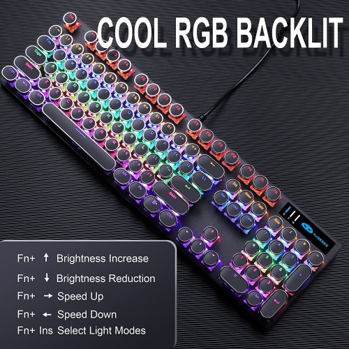 NIERBO Typewriter Style Black Retro Punk Gaming Keyboard with RGB Backlit, 104 Keys Blue Switch Wired Keyboard, Round Keycaps for Windows/Mac/PC
