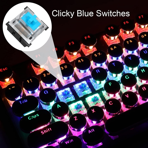 NIERBO Typewriter Style Black Retro Punk Gaming Keyboard with RGB Backlit, 104 Keys Blue Switch Wired Keyboard, Round Keycaps for Windows/Mac/PC
