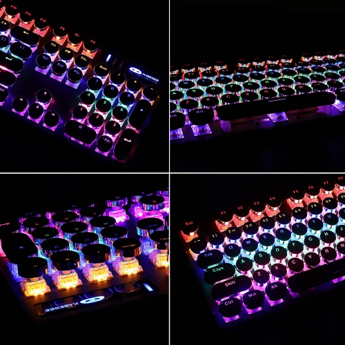 NIERBO Typewriter Style Black Retro Punk Gaming Keyboard with RGB Backlit, 104 Keys Blue Switch Wired Keyboard, Round Keycaps for Windows/Mac/PC