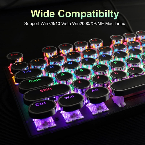 NIERBO Typewriter Style Black Retro Punk Gaming Keyboard with RGB Backlit, 104 Keys Blue Switch Wired Keyboard, Round Keycaps for Windows/Mac/PC