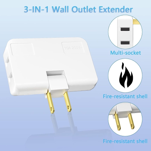 2 Pack of 3 Way Flat Wall Outlet Extender 2Pin Swivel Mini Indoor Power Outlet Expander Plug US Extension Travel Adapter Power Strip