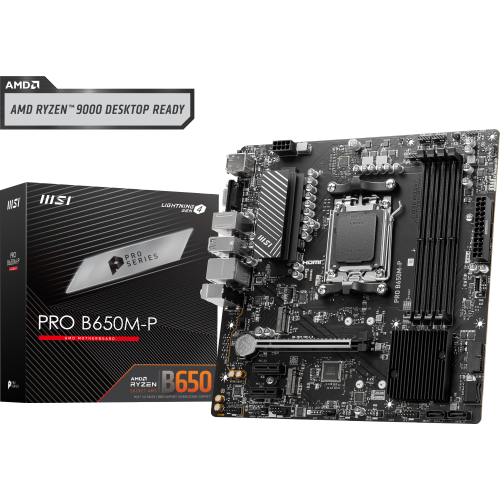 MSI PRO B650&nbsp;M-P, AMD B650 mATX AM5, prend en charge le processeur de bureau Ryzen série 7000 d'AMD, 4 DIMM DDR5, PCIe 4,0, M.2 x 2, ports USB 3