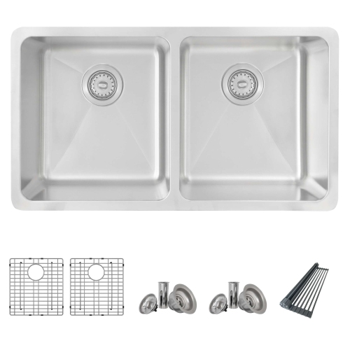 OPEN BOX A - Dual Mount 32" Stainless Steel Double-Bowl Kitchen Sink with Grids and Strainers C233