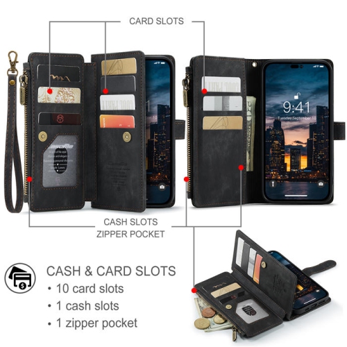 CaseMe iPhone 14 PRO MAX Wallet Case with Card Holder Retro Leather Protective Phone Wallet Case with Magnetic Kickstand Wrist Strap Zipper Cover
