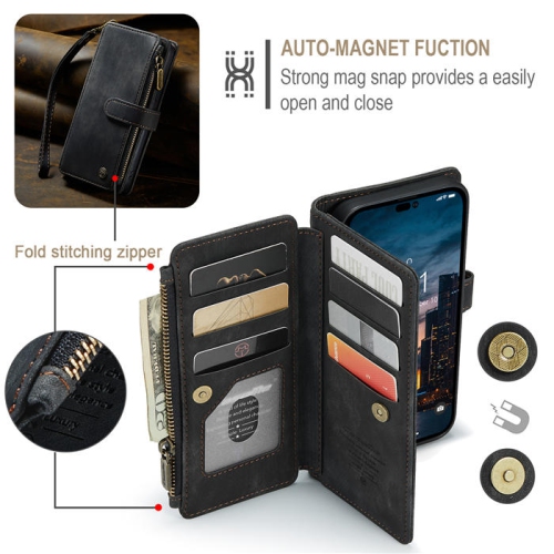 CaseMe iPhone 14 PLUS Wallet Case with Card Holder Retro Leather Protective Phone Wallet Case with Magnetic Kickstand Wrist Strap Zipper Cover with