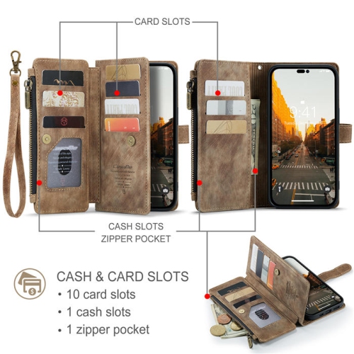 CaseMe iPhone 14 PLUS Wallet Case with Card Holder Retro Leather Protective Phone Wallet Case with Magnetic Kickstand Wrist Strap Zipper Cover with