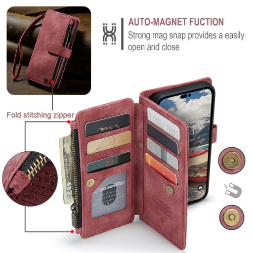 CaseMe iPhone 14 PLUS Wallet Case with Card Holder Retro Leather Protective Phone Wallet Case with Magnetic Kickstand Wrist Strap Zipper Cover with