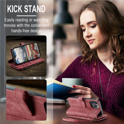 CaseMe iPhone 14 PLUS Wallet Case with Card Holder Retro Leather Protective Phone Wallet Case with Magnetic Kickstand Wrist Strap Zipper Cover with