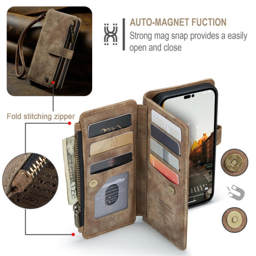 CaseMe iPhone 14 PRO Wallet Case with Card Holder Retro Leather Protective Phone Wallet Case with Magnetic Kickstand Wrist Strap Zipper Cover with