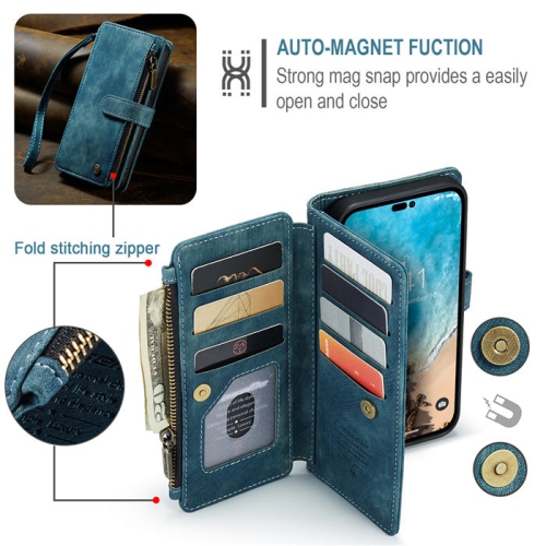 CaseMe iPhone 14 Wallet Case with Card Holder Retro Leather Protective Phone Wallet Case with Magnetic Kickstand Wrist Strap Zipper Cover with