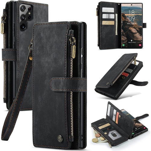 CASEME  Samsung S22 Ultra Wallet Case \w Card Holder Retro Leather Protective Phone Wallet Case \w Magnetic Kickstand Wrist Strap Zipper Cover \w