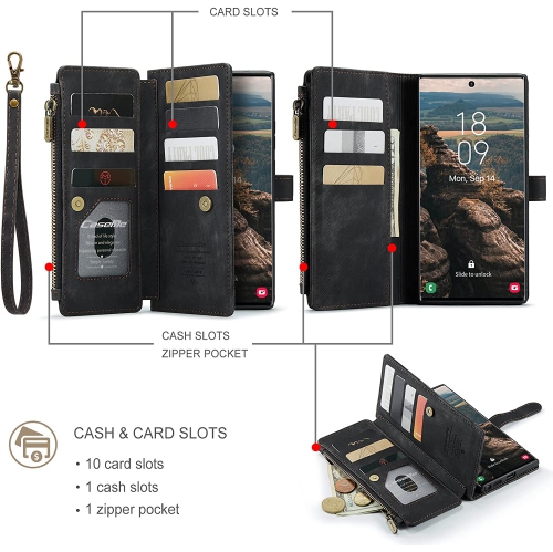 CaseMe Samsung S22 Ultra Wallet Case with Card Holder Retro Leather Protective Phone Wallet Case with Magnetic Kickstand Wrist Strap Zipper Cover