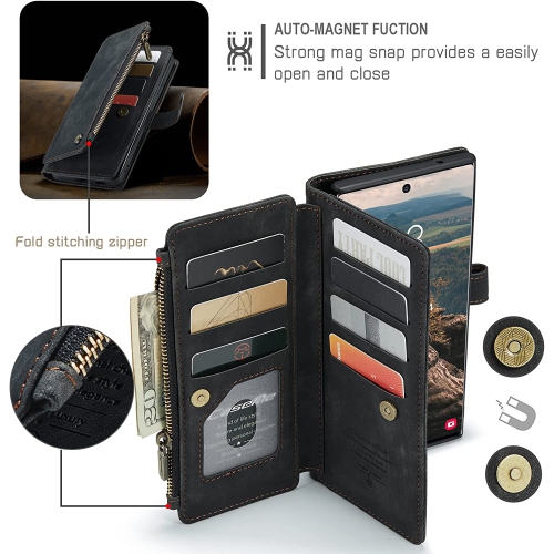CaseMe Samsung S22 Ultra Wallet Case with Card Holder Retro Leather Protective Phone Wallet Case with Magnetic Kickstand Wrist Strap Zipper Cover