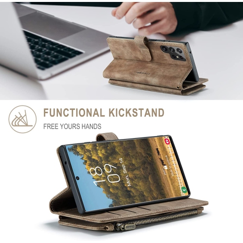 CaseMe Samsung S22 Ultra Wallet Case with Card Holder Retro Leather Protective Phone Wallet Case with Magnetic Kickstand Wrist Strap Zipper Cover