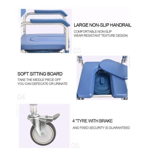 Light weight Shower Commode Chair Personal Mobility Assist Toilet Commode Wheelchair Transport Rolling Chair Waterproof with Arm and Footrests for