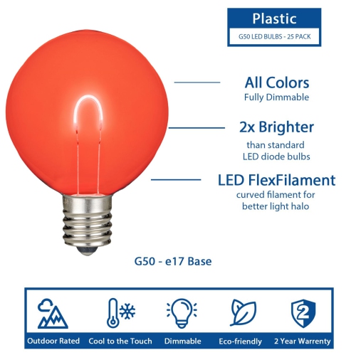 Novelty Lights 25 Pack G50 LED Light Bulbs, E17 C9 Intermediate Screw Base Shatterproof Outdoor String Lights Clear Globe Bulbs, Edison Light Bulbs