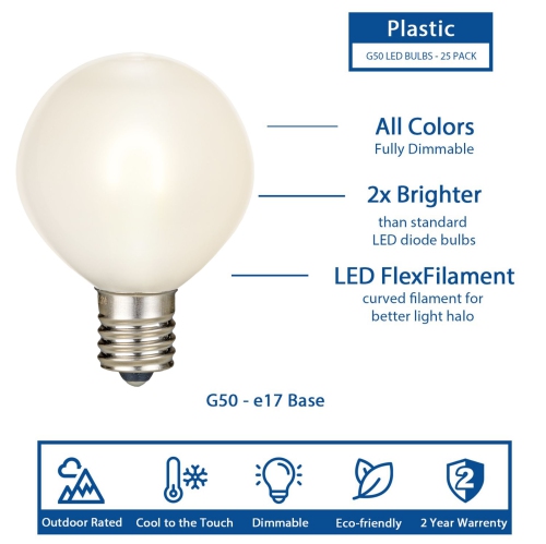 Novelty Lights 25 Pack G50 LED Light Bulbs, E17 C9 Intermediate Screw Base Shatterproof Outdoor String Lights Clear Globe Bulbs, Edison Light Bulbs