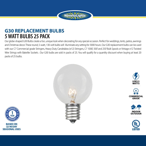 Novelty Lights 25 Pack G30 Outdoor Globe Replacement Bulbs, C7/E12 Candelabra Base, 5 Watt