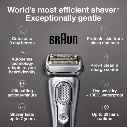Braun Series 9370CC Men's Electric Foil Shaver /Razor, Wet & Dry, Travel Case with Clean & Charge System