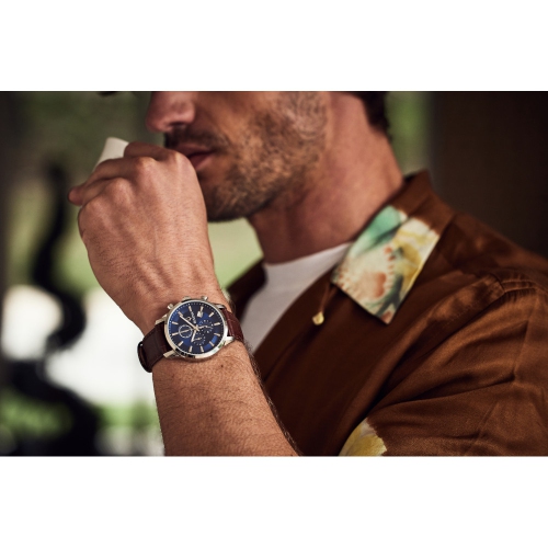 Bulova Mens Sutton Quartz Watch 41mm Silver-Tone Stainless Steel Case Brown Leather Strap with Blue Dial