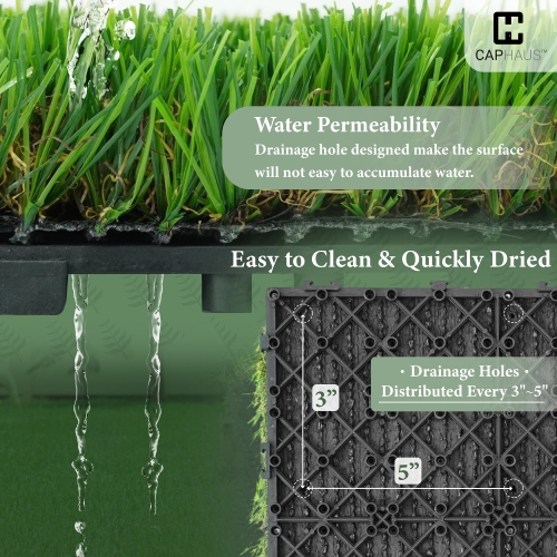 CAPHAUS Artificial Grass Turf Tiles for Patio, Self-Draining Interlocking Fake Faux Grass Pet Turf for Dog Potty Training, 12” X 12” per piece & Set