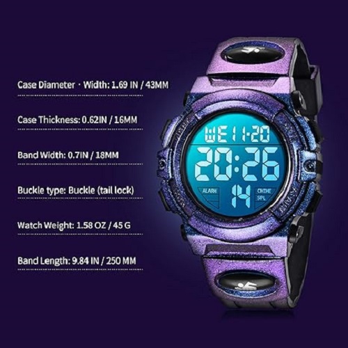 Montre sport numérique pour enfants – étanche, DEL, chronographe et alarme avec bracelet en silicone – montre extérieure idéale pour les enfants