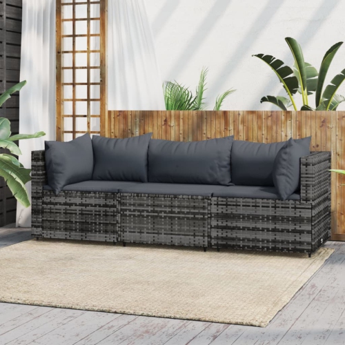Ensemble de salon de jardin de 3 pièces avec coussins en poly rotin gris de vidaXL