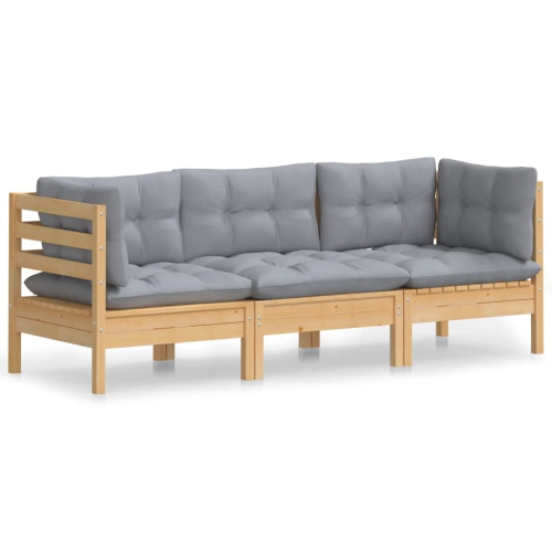 Sofa de jardin à 3 places avec coussins gris en pin massif de vidaXL