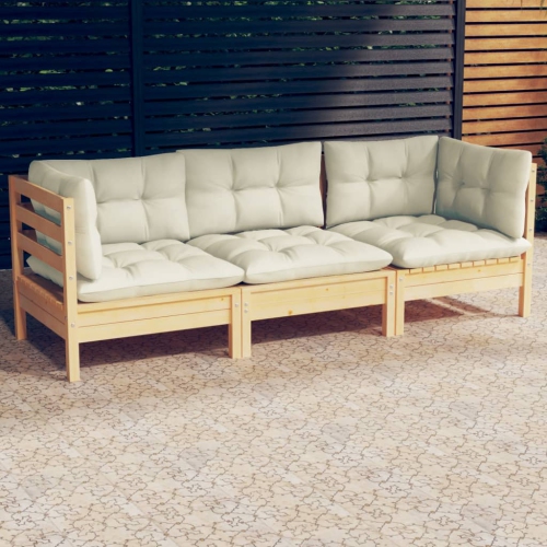vidaXL 3-Seater Garden Sofa with Cream Cushions Solid Pinewood