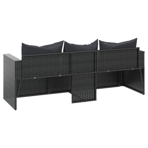 vidaXL 3-Seater Garden Sofa with Cushions Black Poly Rattan