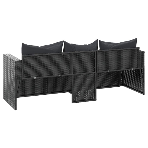 vidaXL 3-Seater Garden Sofa with Cushions Black Poly Rattan