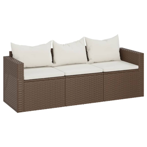 vidaXL 3-Seater Garden Sofa with Cushions Brown Poly Rattan