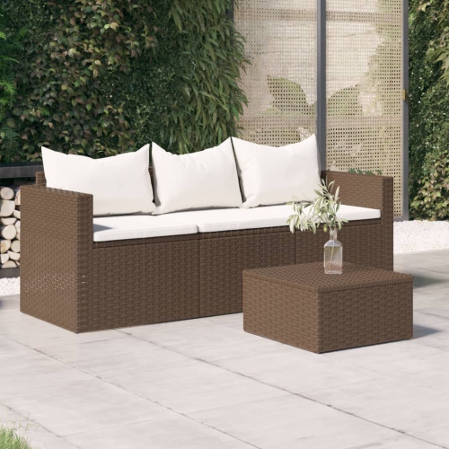 vidaXL 3-Seater Garden Sofa with Cushions Brown Poly Rattan