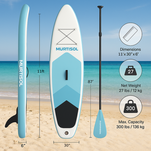 11FT Inflatable Stand up Paddle Board Ultra-Thick Durable PVC w/Premium SUP Accessories & Carry Bag |upgraded paddle boards w/ 3 Fish Fin for