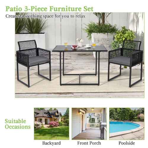 Costway 3PCS Patio PE Wicker Furniture Set Cushioned Chairs with Folding Backrest Backyard