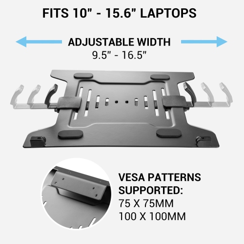 Desky Eco Laptop VESA Mount – Matte Black Steel Tray With Adjustable Clamps, Safety Ledge, Open-Air Cooling, Universal VESA
