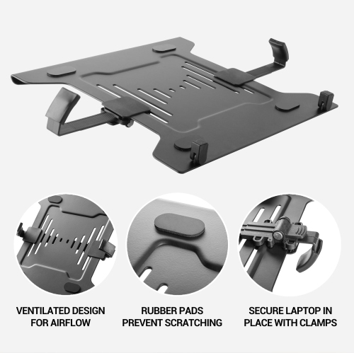 Desky Eco Laptop VESA Mount – Matte Black Steel Tray With Adjustable Clamps, Safety Ledge, Open-Air Cooling, Universal VESA