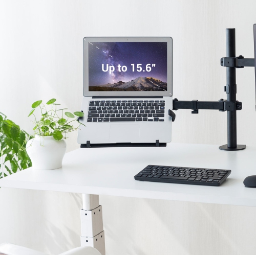 Desky Eco Laptop VESA Mount – Matte Black Steel Tray With Adjustable Clamps, Safety Ledge, Open-Air Cooling, Universal VESA