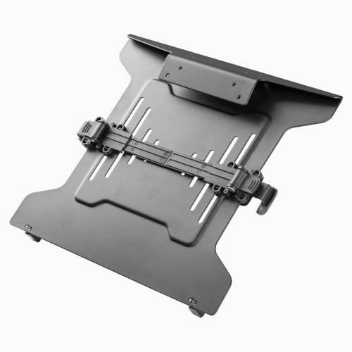Desky Eco Laptop VESA Mount – Matte Black Steel Tray With Adjustable Clamps, Safety Ledge, Open-Air Cooling, Universal VESA