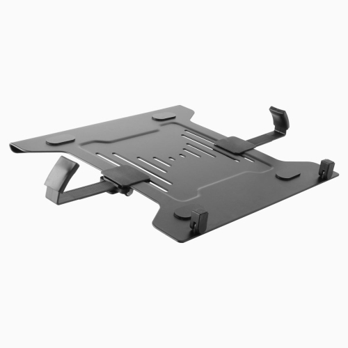 Desky Eco Laptop VESA Mount – Matte Black Steel Tray With Adjustable Clamps, Safety Ledge, Open-Air Cooling, Universal VESA