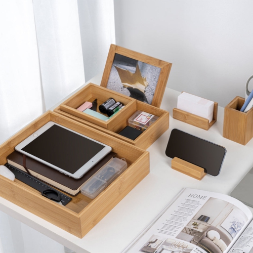 Desky Bamboo Organiser Set – Sustainable Bamboo Storage, 8 Modular Pieces for Pens, Phone, Pictures, Papers