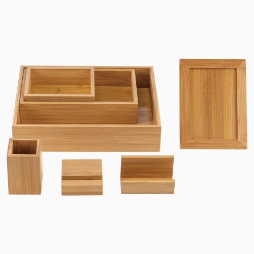 Desky Bamboo Organiser Set – Sustainable Bamboo Storage, 8 Modular Pieces for Pens, Phone, Pictures, Papers