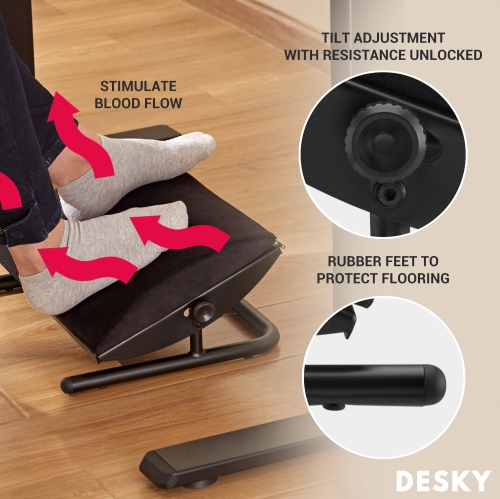 Desky Cushioned Foot Rest – Black Tilting Velvet-Covered Platform With +/-20° Incline, Anti-Skid Base, Removable Cover
