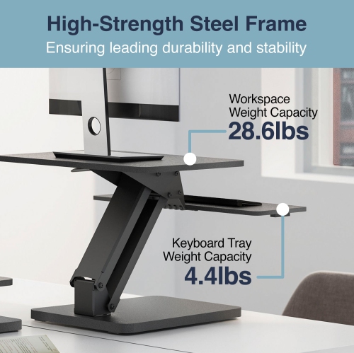 Desky Zero Standing Desk Converter – Gas Spring, Manual Lift up to 17.3", Steel Frame, Dual-Tier Keyboard & Monitor