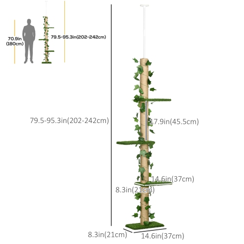 PawHut 4-Tier Floor to Ceiling Cat Tree, Height(80-95Inches)Adjustable, Tall Cat Tower w/ Anti-Slip Kit, Leaves, Multi-Layer Activity Centre w/