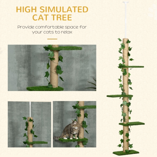 PawHut 4-Tier Floor to Ceiling Cat Tree, Height(80-95Inches)Adjustable, Tall Cat Tower w/ Anti-Slip Kit, Leaves, Multi-Layer Activity Centre w/