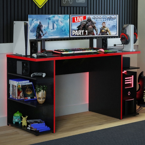 Madesa Large Modern Gaming Computer Desk 53 Inch with 5 Shelves Cable Management Student Study Wooden Table Home Office Gamer Desk for Kids and