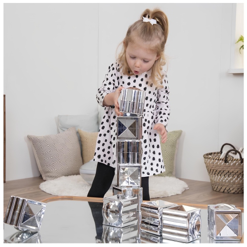TTS 12-Piece Metallic Distorting Mirror Effect Building Stacking Activity Cubes Sensory Playset Toys, Educational Teaching Learning Classroom
